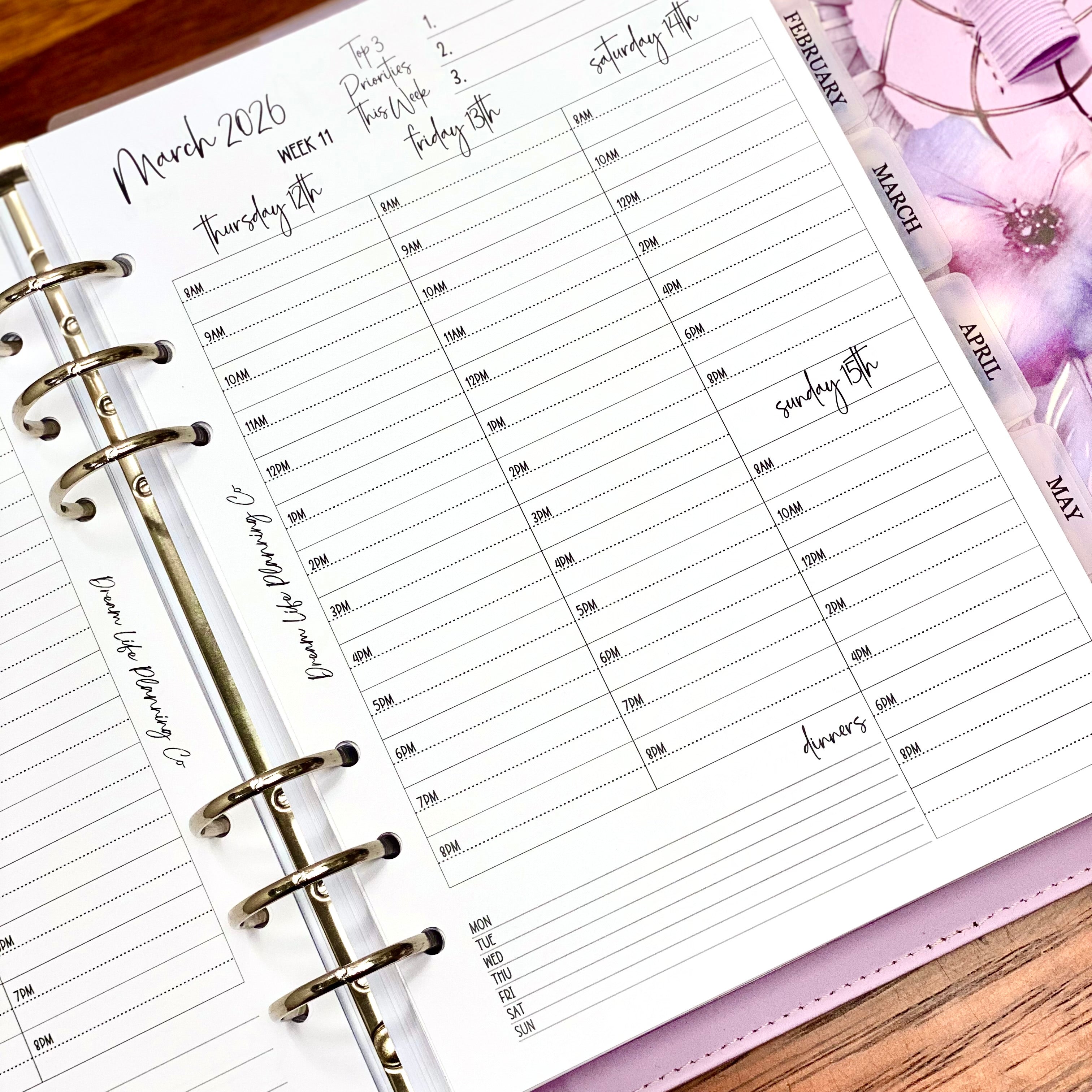 2026 - A5 Hourly Wide Columns – Dream Life Planning Co