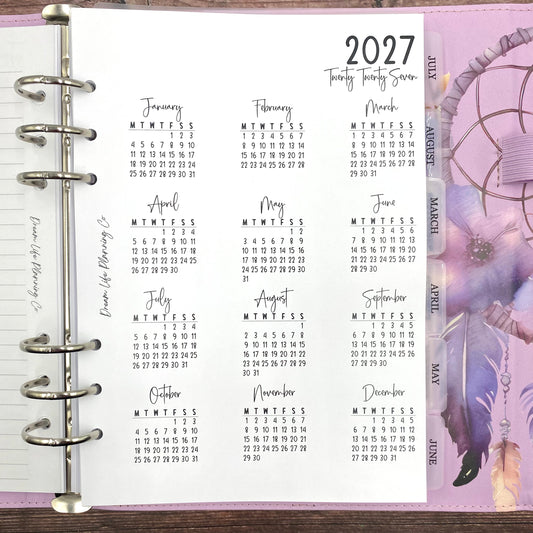 2027 - A5 Year At A Glance Planner Refill for A5 Planner