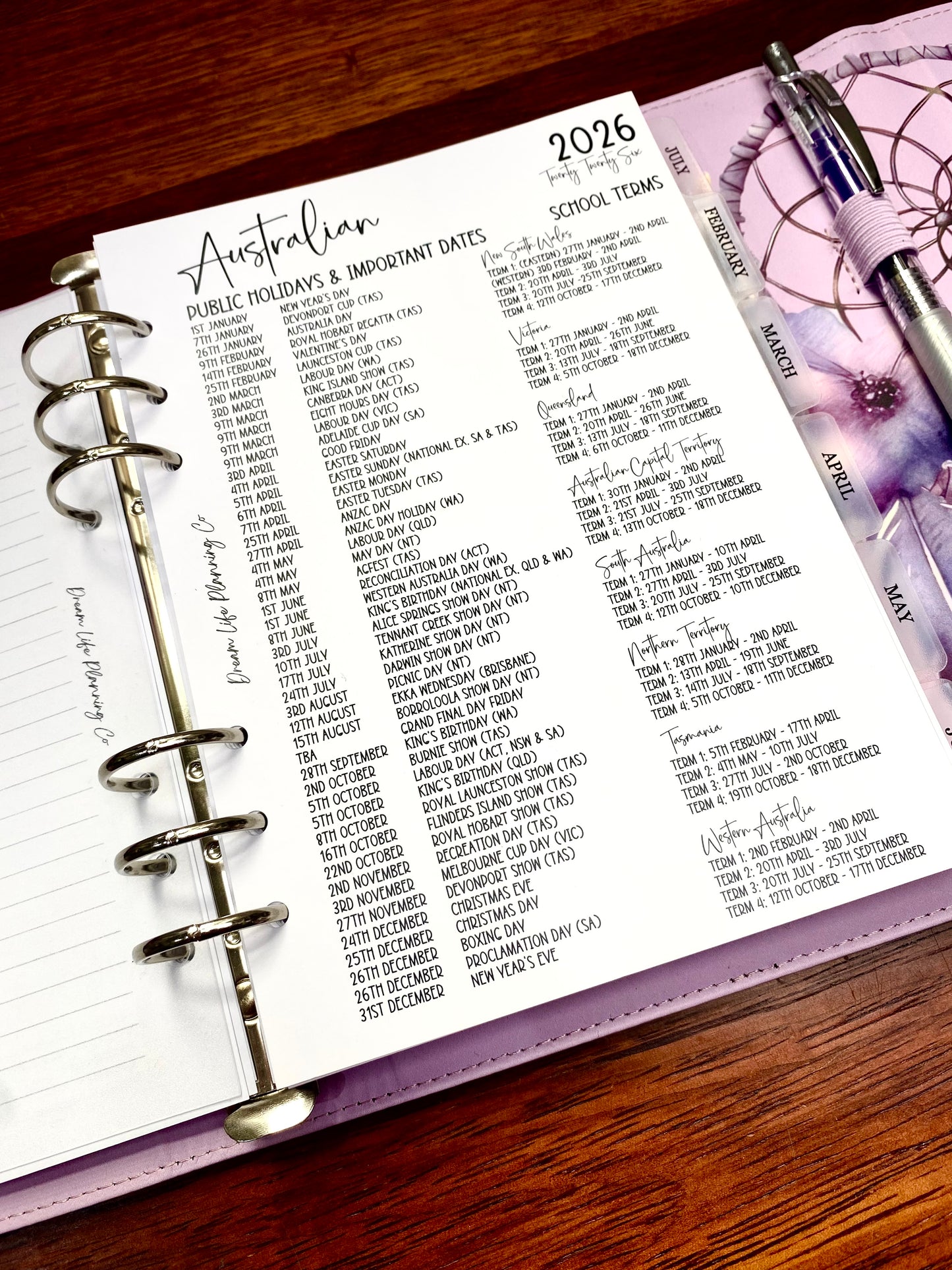 2026 - A5 Australian Public Holidays, Important Dates and School Holidays Planner Inserts