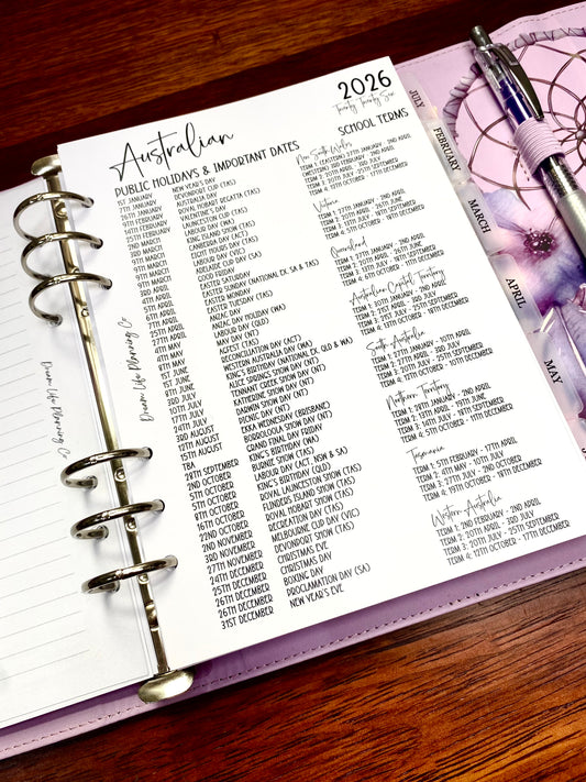2026 - A5 Australian Public Holidays, Important Dates and School Holidays Planner Inserts