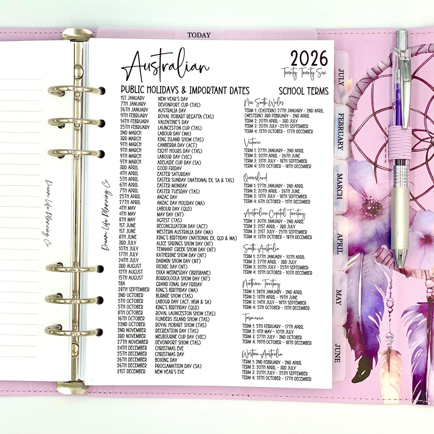 2026 - A5 Australian Public Holidays, Important Dates and School Holidays Planner Inserts