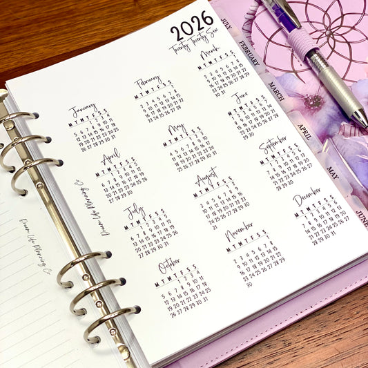 2026 - A5 Year At A Glance Planner Refill for A5 Planner