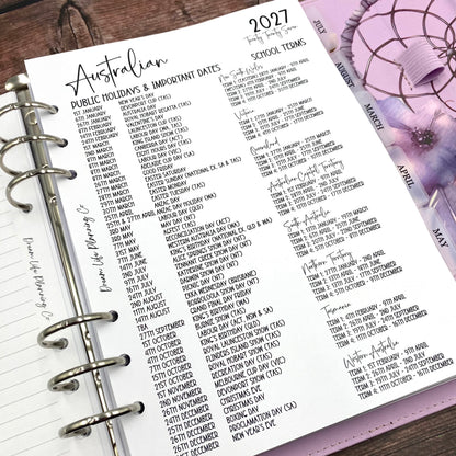 2027 - A5 Year At A Glance Planner Refill for A5 Planner