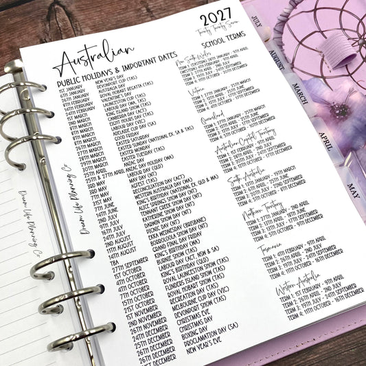 2027 - A5 Australian Public Holidays, Important Dates and School Holidays Planner Inserts