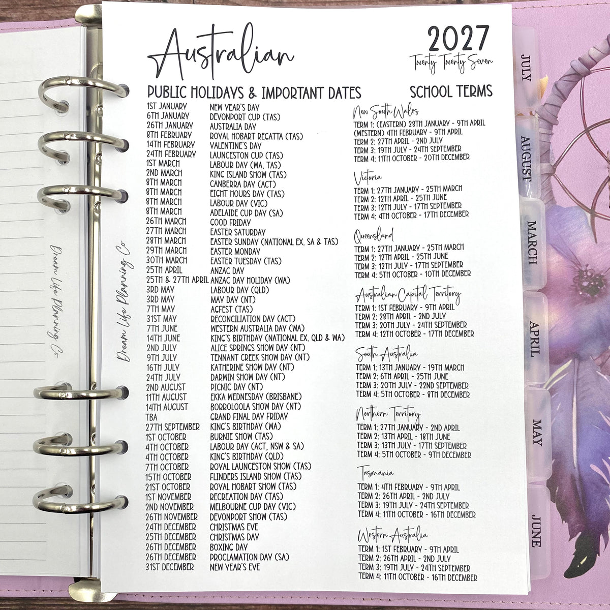 2027 - A5 Year At A Glance Planner Refill for A5 Planner