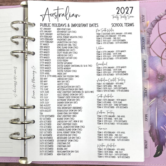 2027 - A5 Year At A Glance Planner Refill for A5 Planner