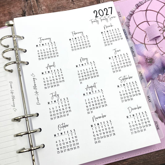 2027 - A5 Year At A Glance Planner Refill for A5 Planner