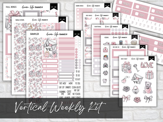 Vertical Planner Sticker Kit Weekly Planner Stickers Pink and Grey Planner Stickers Hourly Sticker Kit Erin Condren Stickers Cute Teddy Love