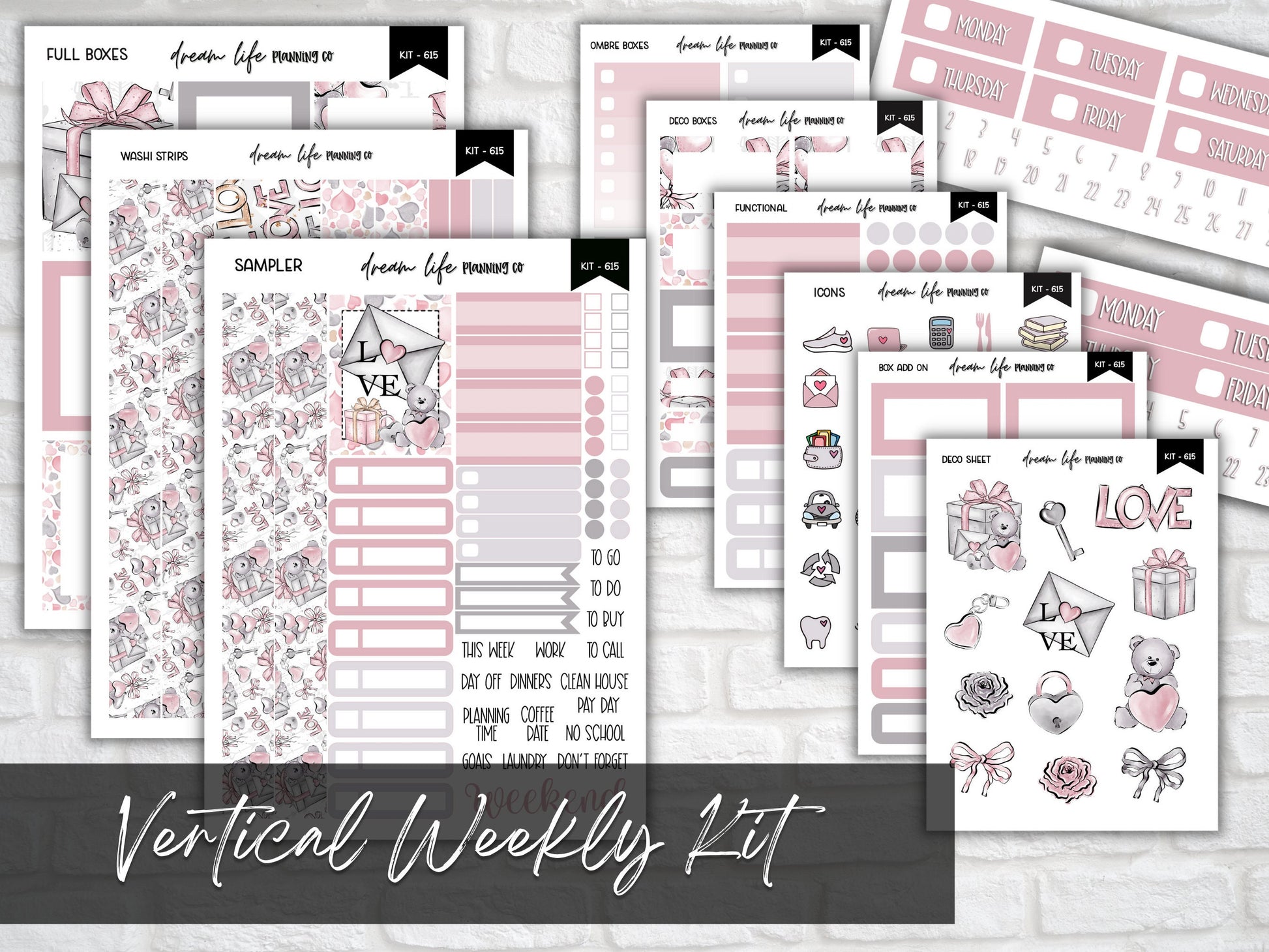 Vertical Planner Sticker Kit Valentines Day Weekly Planner Stickers Pink and Grey Planner Stickers Erin Condren Stickers Cute Teddy Love