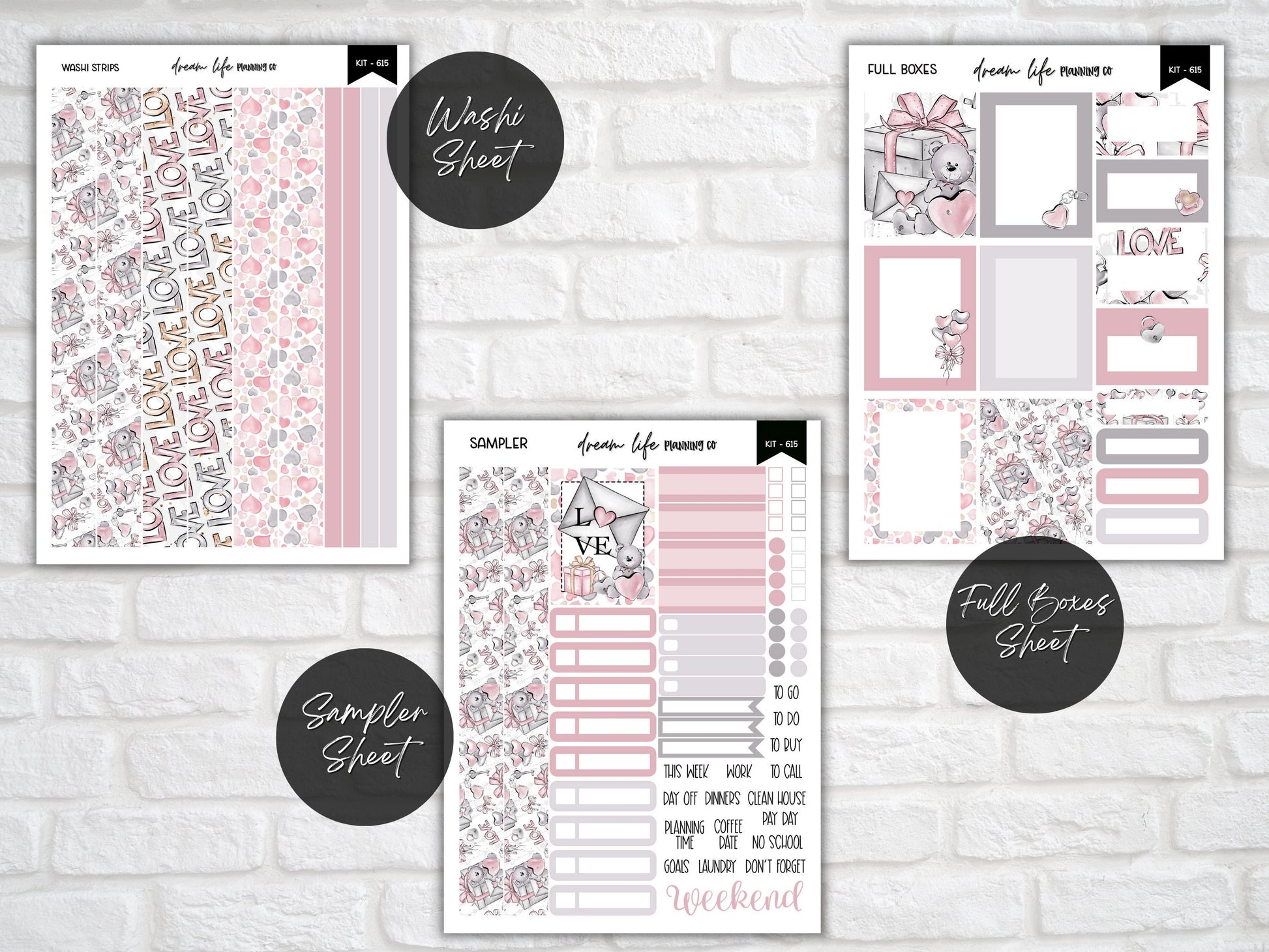 Vertical Planner Sticker Kit Weekly Planner Stickers Pink and Grey Planner Stickers Hourly Sticker Kit Erin Condren Stickers Cute Teddy Love