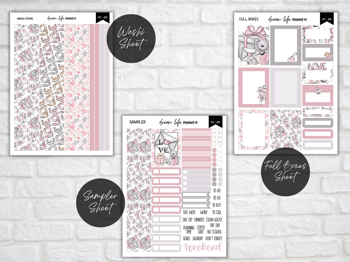 Vertical Planner Sticker Kit Valentines Day Weekly Planner Stickers Pink and Grey Planner Stickers Erin Condren Stickers Cute Teddy Love