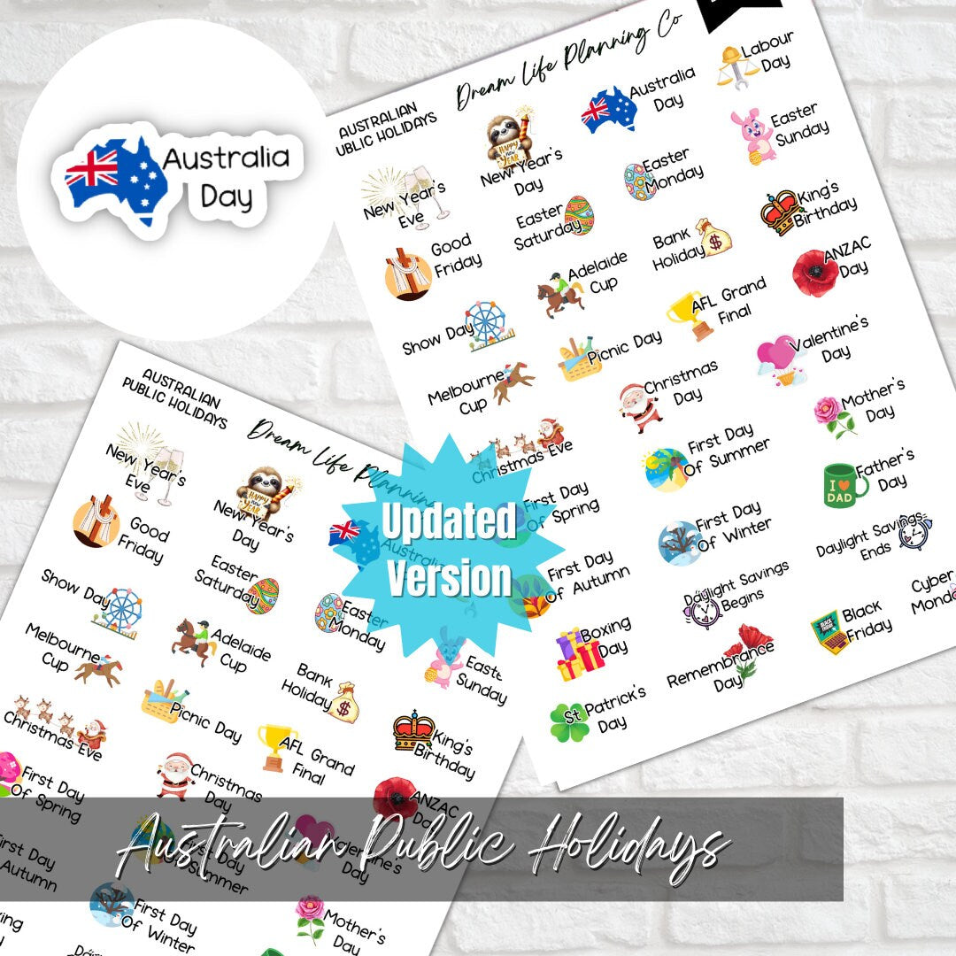 Australian Public Holiday Stickers, Calendar Holiday Stickers, Bullet Journal, Planner, Diary, Calendar Stickers, Planner Sticker Sheet