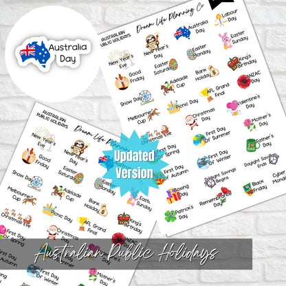 Australian Public Holiday Stickers, Calendar Holiday Stickers, Bullet Journal, Planner, Diary, Calendar Stickers, Planner Sticker Sheet