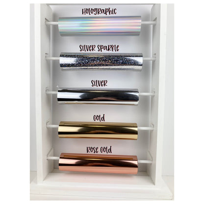 Foil colour options for personalised planner stickers, showing holographic, silver sparkle, silver, gold and rose gold foil rolls.
