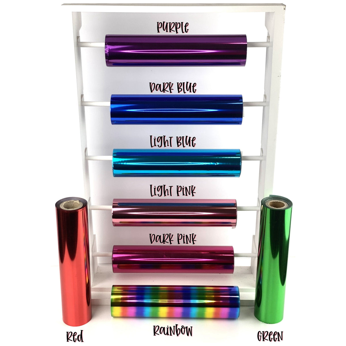 Foil colour options for personalised planner stickers, showing purple, dark blue, light blue, light pink, dark pink, rainbow, red and green foil rolls.