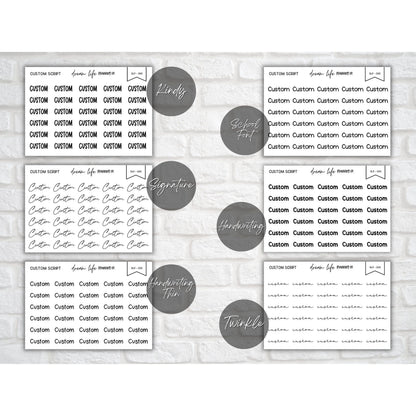 Six custom script planner sticker sheets showing Kindy, School Font, Signature, Handwriting, Handwriting Thin and Twinkle font styles.