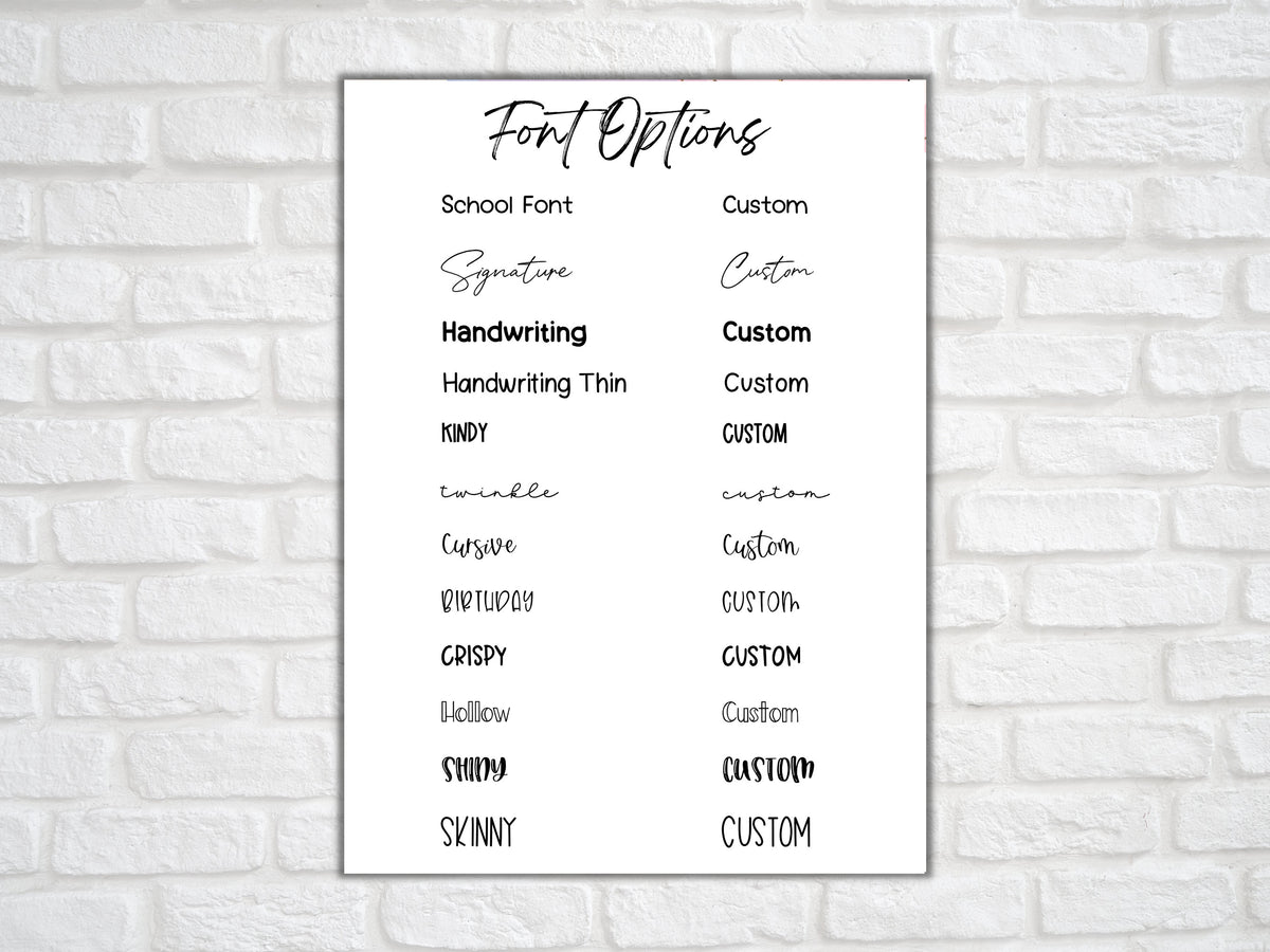 Font selection chart showing 12 lettering styles available for personalised clear custom script planner stickers.