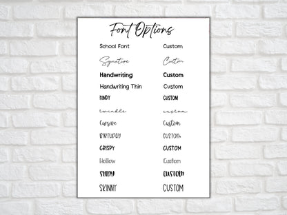 Font selection chart showing 12 lettering styles available for personalised clear custom script planner stickers.