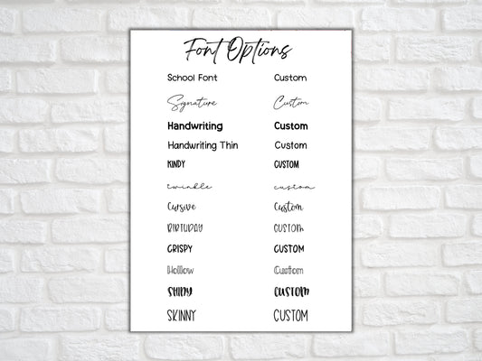 Font selection chart showing 12 lettering styles available for personalised clear custom script planner stickers.