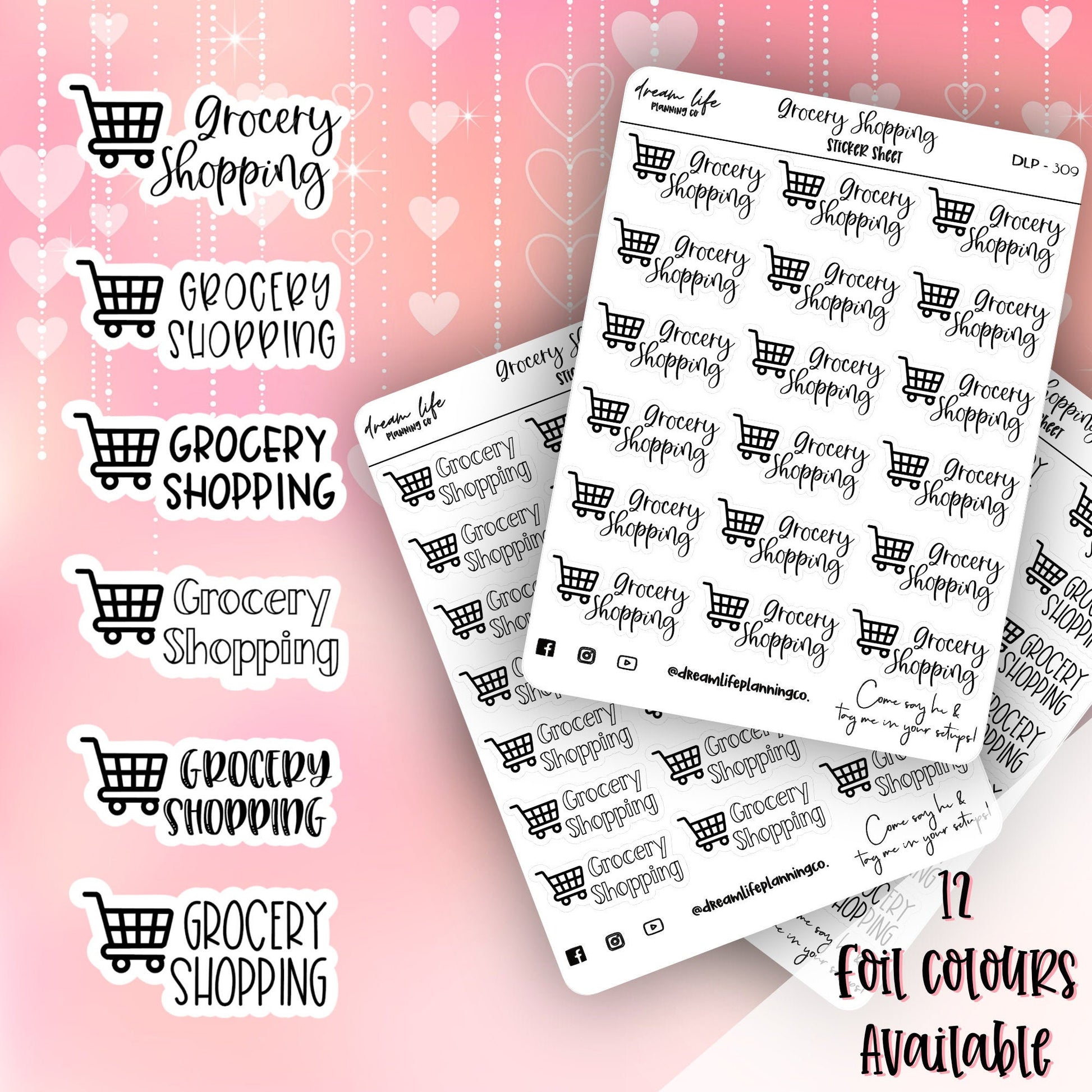 Foiled “Grocery Shopping” Stickers | Bullet Journaling | Scripts | Planner Stickers | Cute Planner Sticker Sheet | Sticker Sheet | BUJO