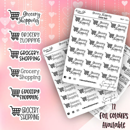 Foiled “Grocery Shopping” Stickers | Bullet Journaling | Scripts | Planner Stickers | Cute Planner Sticker Sheet | Sticker Sheet | BUJO