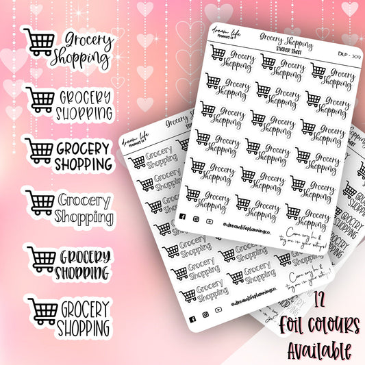 Foiled “Grocery Shopping” Stickers | Bullet Journaling | Scripts | Planner Stickers | Cute Planner Sticker Sheet | Sticker Sheet | BUJO