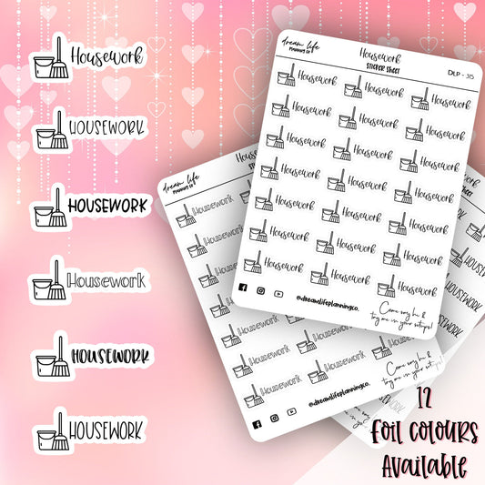 Housework Script Stickers, Script and Icon Planner Stickers, Bullet Journaling Scripts, Foiled Sticker Sheet, Cute Planner Sticker Sheet