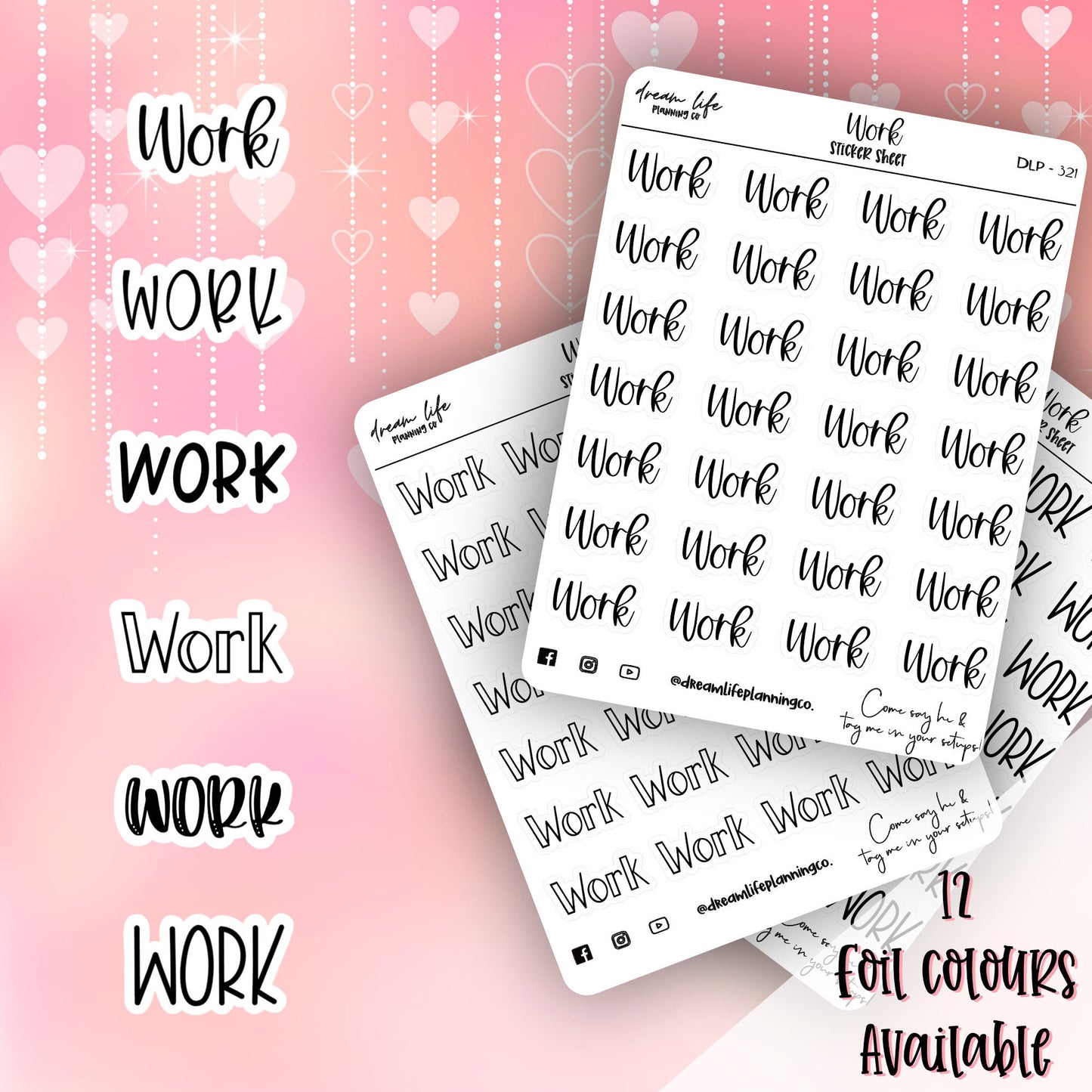 Foiled “Work” Stickers | Scripts | Bullet Journalling | Planner Stickers | Cute Planner Sticker Sheet | Sticker Sheet | BUJO