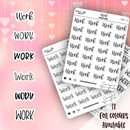 Foiled “Work” Stickers | Scripts | Bullet Journalling | Planner Stickers | Cute Planner Sticker Sheet | Sticker Sheet | BUJO