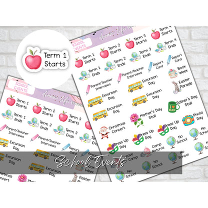 School Event Stickers, Back to School Bullet Journal, Planner, Diary Stickers, Student or Teacher Planner Sticker Sheet, School Term Sticker