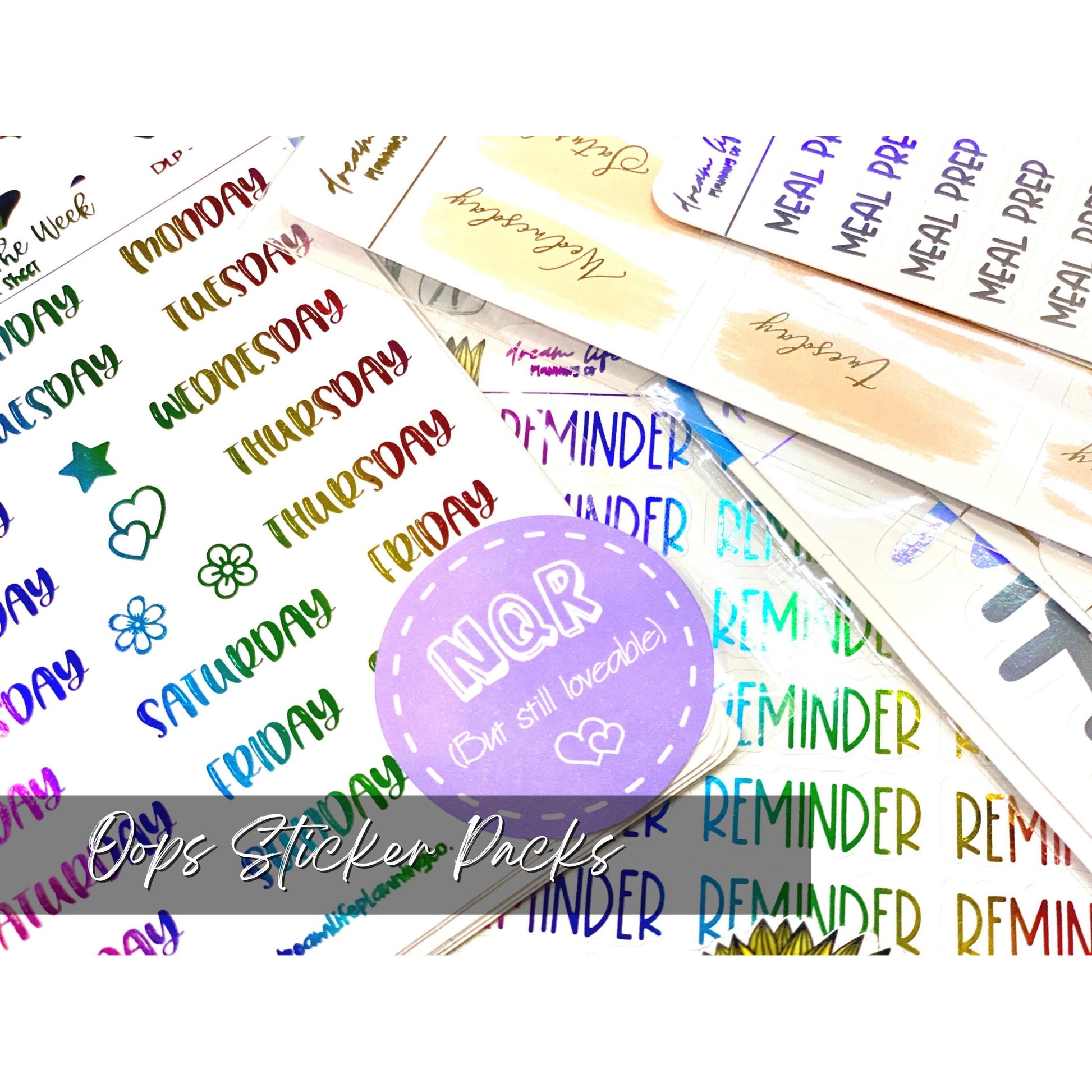 Oops Planner Stickers, Misfit Grab Bags, Mixed Foiled & Decorative Oops Sticker Bags, Mystery Miscut Sticker Packs