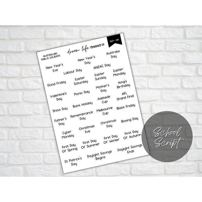 Australian Public Holiday Script Stickers, Calendar Holiday Stickers, Bullet Journal, Planner, Diary, Calendar Stickers, Planner Stickers