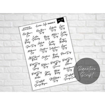 Clear Foiled Australian Public Holiday Script Stickers, Calendar Holiday Stickers, Bullet Journal, Planner, Diary, Planner Script Stickers