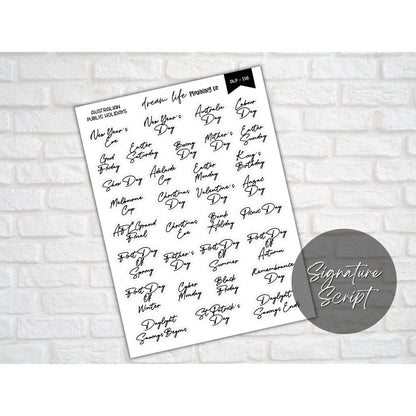 Australian Public Holiday Script Stickers, Calendar Holiday Stickers, Bullet Journal, Planner, Diary, Calendar Stickers, Planner Stickers