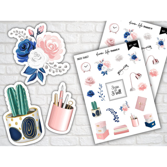 Pink and Blue Floral Deco Planner Stickers Decorative Planner Stickers for Bullet Journal Stickers Cute Planner Sticker Sheets Floral