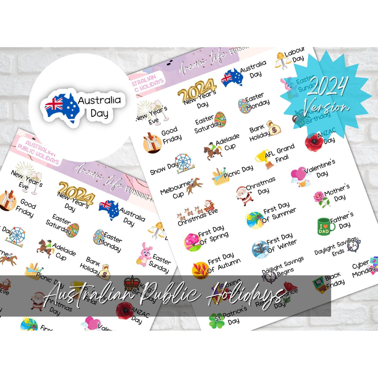 Australian Public Holiday Stickers, Calendar Holiday Stickers, Bullet Journal, Planner, Diary, Calendar Stickers, Planner Sticker Sheet