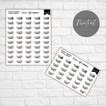 Grocery Shopping Doodle Icon Planner Stickers, Grocery Script Planner Stickers, Bullet Journal Stickers, Planner Diary and Calendar Stickers