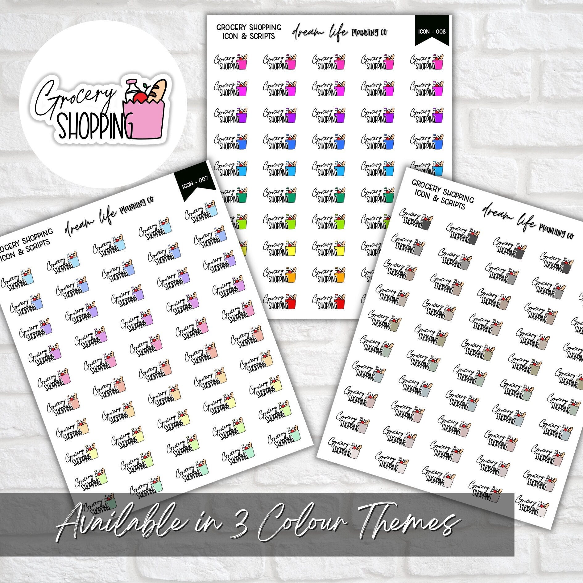 Grocery Shopping Doodle Icon Planner Stickers, Grocery Script Planner Stickers, Bullet Journal Stickers, Planner Diary and Calendar Stickers