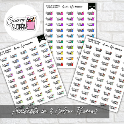 Grocery Shopping Doodle Icon Planner Stickers, Grocery Script Planner Stickers, Bullet Journal Stickers, Planner Diary and Calendar Stickers